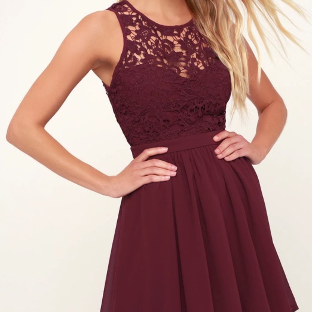 Lulu's Romantic Tale Burgundy Lace Skater Dress